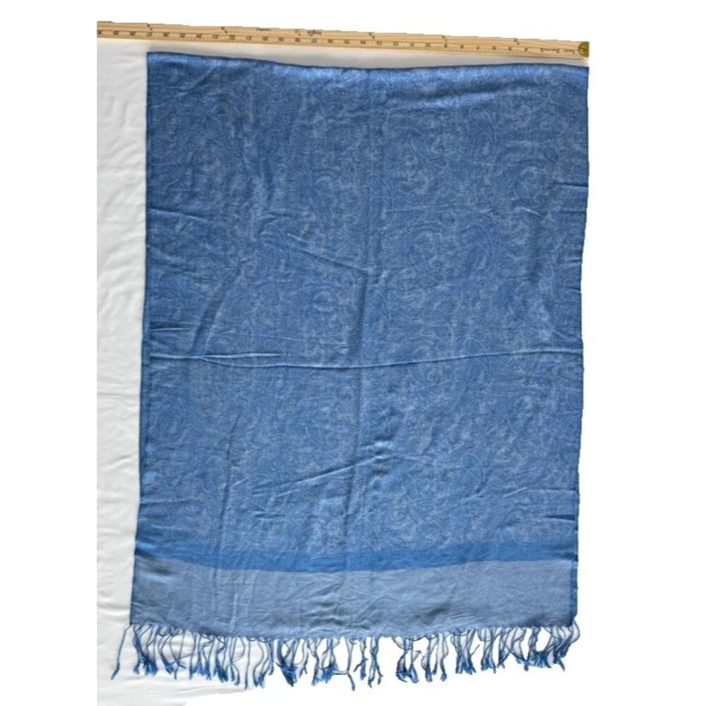 Pashmina Shawl Blue Paisley 70% Pashmina 30% Silk Fringe 27x72